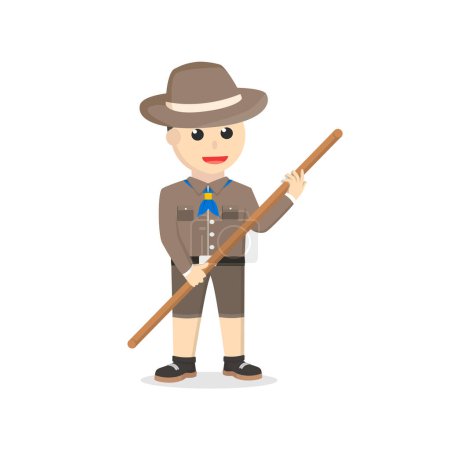 Téléchargez les illustrations : Boy scout tenant bâton personnage de conception sur fond blanc - en licence libre de droit