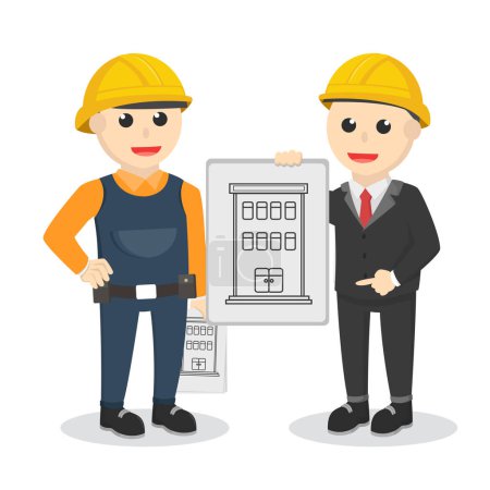 Ilustración de Obrero de la construcción Hable con Achitect personaje de diseño sobre fondo blanco - Imagen libre de derechos