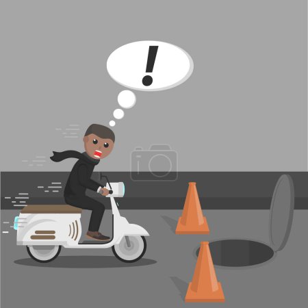 Illustration for Businessman african drive with scooter panic beause open sewer hole design character on white background - Royalty Free Image