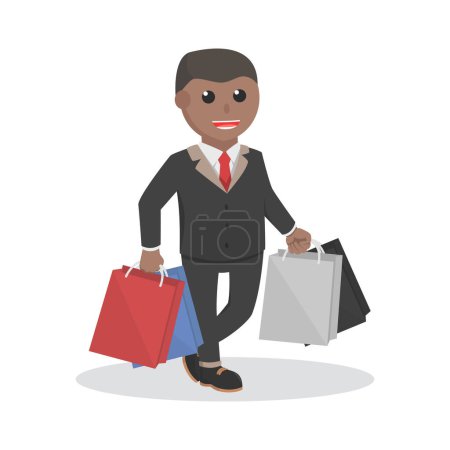 Téléchargez les illustrations : Homme d'affaires africain portant sacs à provisions personnage de conception sur fond blanc - en licence libre de droit