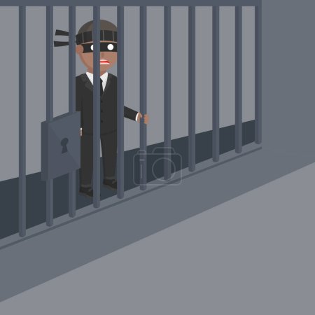 Téléchargez les illustrations : Homme d'affaires voleur africain dans le personnage de conception de la prison sur fond blanc - en licence libre de droit