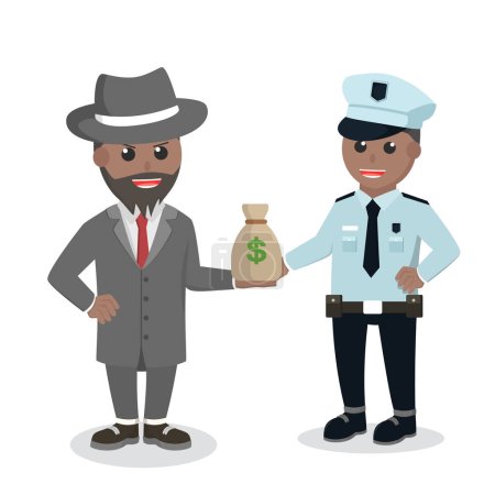 Illustration for Crime boss African bribe police with money design character on white background - Royalty Free Image
