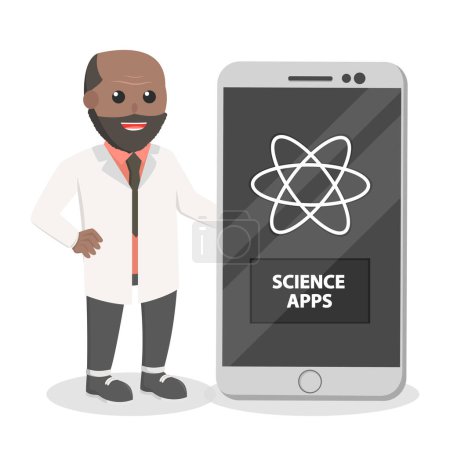 Téléchargez les illustrations : Scientifique africain avec science app design caractère sur fond blanc - en licence libre de droit