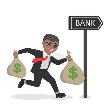 Ilustración de Businessman.african.going.to.bank.holding.money.bags - Imagen libre de derechos