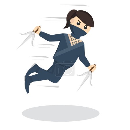 Ilustración de Ninja mujer salto ataque con sai diseño carácter sobre fondo blanco - Imagen libre de derechos