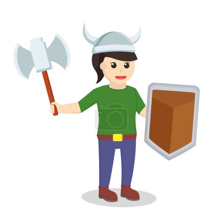 Illustration for Viking soldier woman hold shield and axe - Royalty Free Image