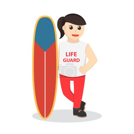 Rettungsschwimmerin mit Surfbrett-Design-Charakter auf weißem Hintergrund
