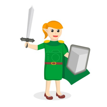 Illustration for Elf woman Holding Sword And Shield design character on white background - Royalty Free Image