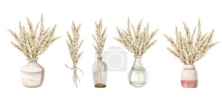 Photo for Watercolor wheat bouquets in glass and ceramic vases illustration set isolated on white background for harvest compositions in pastel colors, Shavuot greetings, bakery menu and decor. - Royalty Free Image