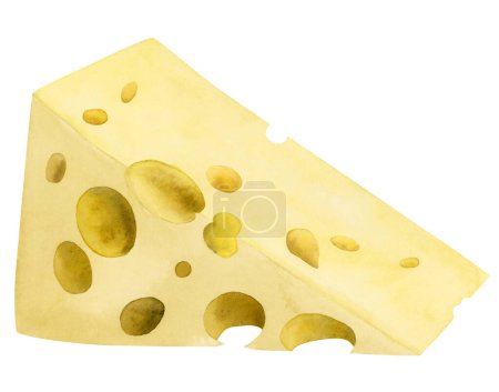 Téléchargez les photos : Pièce triangle aquarelle de fromage suisse, emmental ou cheddar avec illustration de trous. Aliments laitiers, cliparts de produits laitiers isolés sur fond blanc pour menu, recette, étiquette, motifs Shavuot. - en image libre de droit