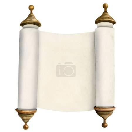 Open Torah scroll illustration template for Jewish holidays designs, Passover, Shavuot, Purim, Yom Kippur and Sukkot greetings. Hand drawn watercolor clipart isolated on white background.