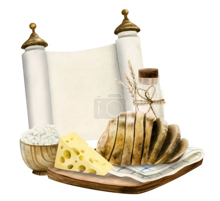 Modèle de carte de voeux Shavuot juive aquarelle avec des symboles traditionnels et de la nourriture, rouleau de Torah vierge, produits laitiers, fromage, pain, lait. blé. Clipart d'illustration dessiné à la main isolé sur blanc.
