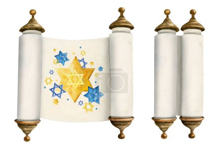 Watercolor open and closed Torah scrolls with yellow blue stars of David illustration set forJewish designs isolated on white background.