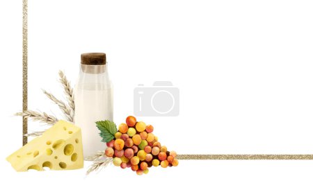 Photo for Happy Shavuot watercolor banner illustration isolated on white background. Horizontal greeting template for Jewish holiday with grapes, milk bottle, cheese and wheat. Picnic, barbeque invitation. - Royalty Free Image