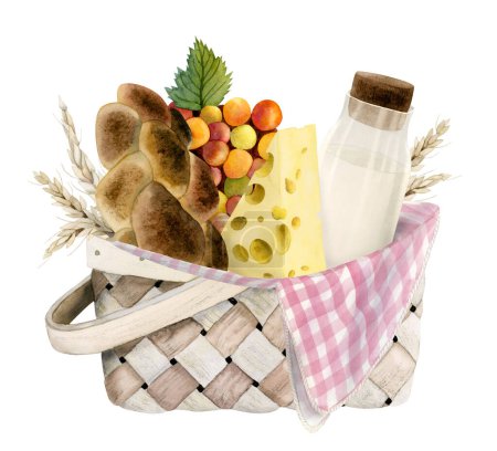 Photo for Watercolor picnic basket for dairy farm barbeque or Shavuot greetings. Milk bottle, ears of wheat, fresh challah bread, cheese, grapes, checkered blanket. Hand drawn illustration isolated on white. - Royalty Free Image