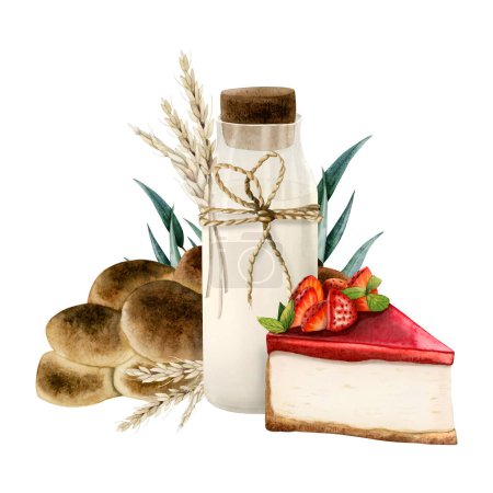 Foto de Acuarela Shavuot símbolos tarjeta de felicitación plantilla con botella de leche, trigo, pastel de queso de fresa, pan de jalá y hojas de eucalipto. Clipart de ilustración dibujado a mano aislado en blanco.. - Imagen libre de derechos