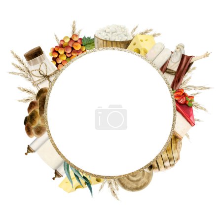 Photo for Shavuot holiday symbols and traditional food round gold frame watercolor illustration isolated on white. Greeting template with Moses, stone tablets, grapes, milk, cheese cake, wheat and challah. - Royalty Free Image