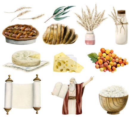 Shavuot Symbole und traditionelle Lebensmittel Illustration Sammlung isoliert auf weiß. Brot, Milch, Käse, Trauben und Apfelkuchen. Moses mit Steintafeln und Torarolle.