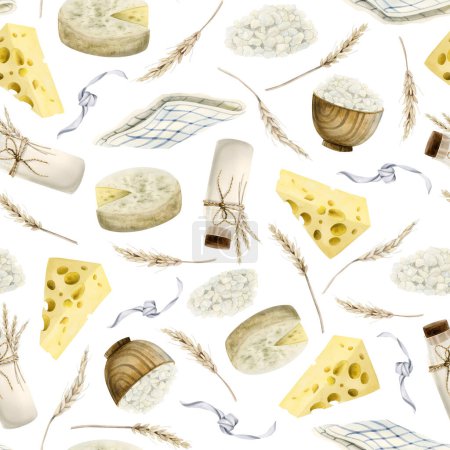 Photo for Watercolor dairy products seamless pattern with swiss cheeses, camembert, milk bottle, tea towel, cottage cheese and ears of wheat on white background. Hand drawn illustration for rustic farm. - Royalty Free Image