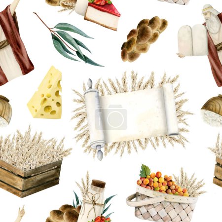 Photo for Watercolor Happy Shavuot seamless pattern with holiday symbols on white background for festive wrapping. Torah scroll, challah, milk, cheese, basket and box with wheat. Moses with stone tablets. - Royalty Free Image