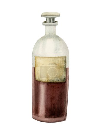 Téléchargez les photos : Bouteille en verre de pharmacie vintage aquarelle d'huile d'arôme avec modèle d'étiquette autocollante. Conception de l'aromathérapie, la sorcellerie, des trucs magiques dans le style de dessin animé - en image libre de droit