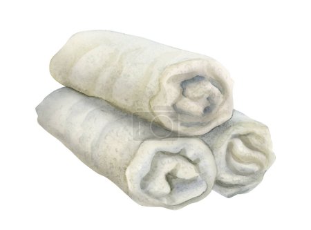 Foto de Acuarela dibujada a mano enrollada toallas blancas para la cosmetología y la relajación aisladas sobre fondo blanco. - Imagen libre de derechos