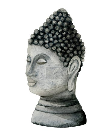 Téléchargez les photos : Buste de statue de tête de Bouddha aquarelle, élément de méditation dessiné à la main pour les conceptions de yoga et d'aromathérapie isolé sur fond blanc - en image libre de droit