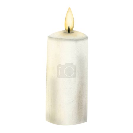 Foto de Dibujado a mano piense vela ardiente blanca aislada sobre un fondo blanco. Vela de cera de parafina de soja acuarela para diseños románticos y relajación - Imagen libre de derechos