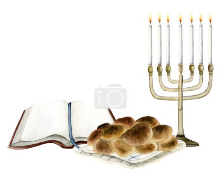 Shabbat Shalom greeting template watercolor illustration for Jewish Saturday eve designs with challah on tea towel, menorah with burning candles, opened Torah book isolated on white background.