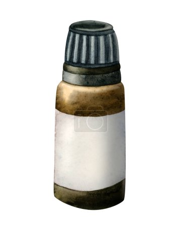 Foto de Botella de vidrio marrón acuarela para aceite esencial con tapa negra, etiqueta blanca en blanco con espacio de copia para texto o logotipo para aromaterapia - Imagen libre de derechos