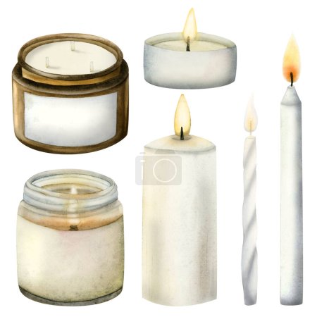 Foto de Conjunto de velas perfumadas de acuarela, velas de cera de soja modernas y vintage, ilustración dibujada a mano para spa, relajación y aromaterapia - Imagen libre de derechos
