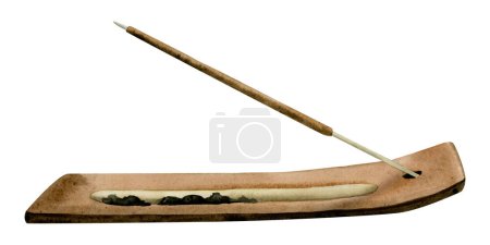 Photo for Aroma stick with sandal wooden stand isolated on white background. Indian incense stick holder. Incense burner for aromatherapy and meditation - Royalty Free Image