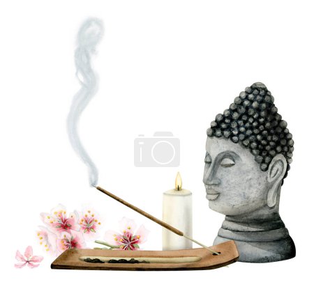 Foto de Estatua de Buda espiritual de acuarela y palo de aroma ardiente con velas y flores rosadas para la relajación, meditación aislada sobre fondo blanco - Imagen libre de derechos