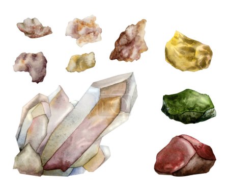 Foto de Cristales de chakra de acuarela y piedras preciosas. Talismanes minerales multicolores. Hematita, jaspe rojo, piedras preciosas de cuarzo aisladas sobre fondo blanco - Imagen libre de derechos
