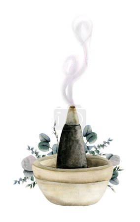 Photo for Watercolor incense burner cone for aromatherapy illustration. Aroma pyramid stick with smoke and eucalyptus branches clipart isolated on white - Royalty Free Image