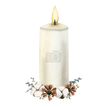 Foto de Acuarela romántica vela ardiente festiva con algodón, eucalipto y flores naranjas secas corona en la parte inferior aislada en blanco. - Imagen libre de derechos