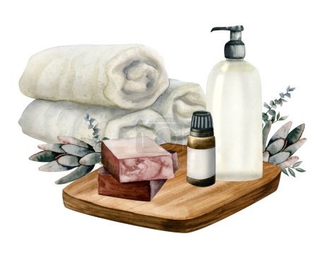 Photo for Watercolor relaxation set of rolled towels, essential oil bottle, shower gel dispenser, maroon soap bars decorated with eucalyptus branchers and succulets isolated on white. Bathroom accessories. - Royalty Free Image