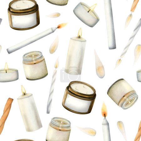 Photo for Different watercolor cadles seamless pattern on white background. White orange burning candles for aromatherapy, spa, candle store, wellness and relaxation designs. - Royalty Free Image