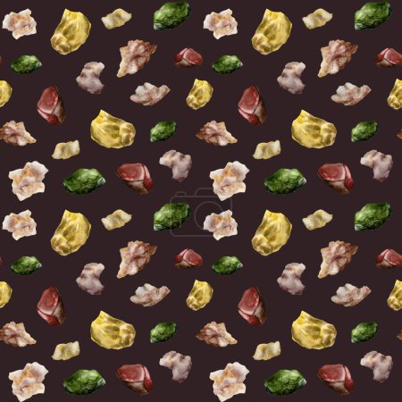 Photo for Watercolor dark brown gemstones seamless pattern. Hand drawn abstract background in yellow, red, green colors for mineral stones shops, esoterics business, wrapping, fabrics. - Royalty Free Image
