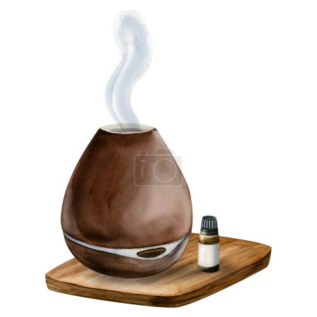 Photo for Watercolor electric wooden aroma oil diffuser illustration with fragrance oil bottle on a stand isolated on white background. Realistic drawing for spa and health care designs. - Royalty Free Image