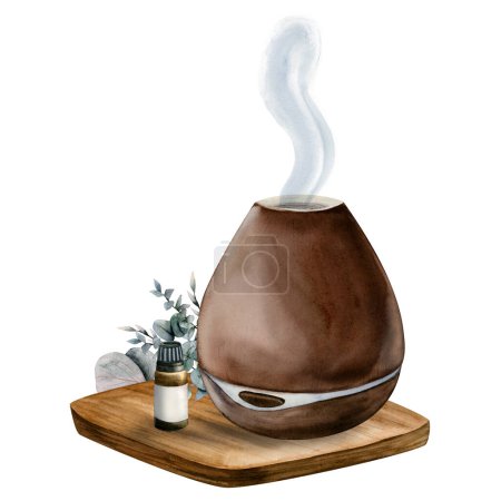 Photo for Watercolor eucalyptus fragrance electric wooden humidifier, aroma oil diffuser illustration with oil bottle on wooden stand isolated on white background. Drawing for spa health care designs. - Royalty Free Image