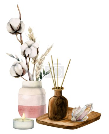 Foto de Botella difusora de aroma acuarela, cristal de cuarzo rosa, vela, flores secas y ramo de algodón en jarrón aislado sobre fondo blanco. Spa aromaterapia, plantilla de anuncio de masaje. - Imagen libre de derechos