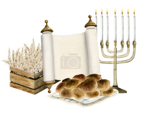 Photo for Watercolor Shavuot rural greeting card template for Jewish holiday with wooden box of wheat harvest, Torah scroll, challah bread and menorah. Hand drawn Illustration clipart isolated on white. - Royalty Free Image