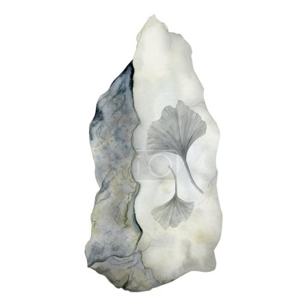 Téléchargez les photos : Ginkgo plante laisse fossile imprimé dans l'illustration aquarelle en pierre isolé sur fond blanc. - en image libre de droit