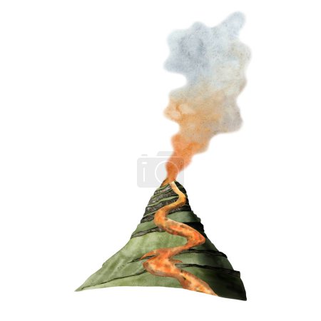 Téléchargez les photos : Volcan aquarelle avec lave et fumée, montagne Illustration isolée sur fond blanc aux couleurs vertes, orange, bleues et brunes - en image libre de droit