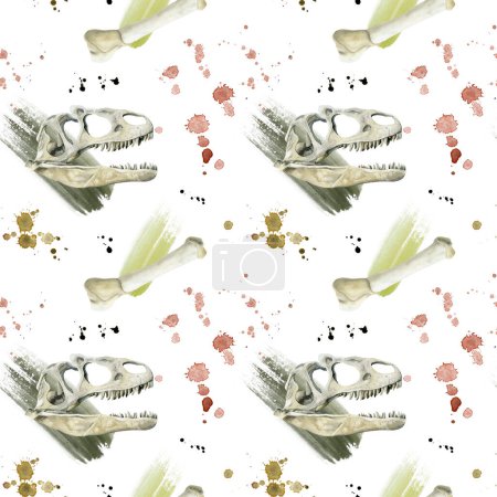 Foto de Huesos de dinosaurio patrón sin costuras con salpicaduras abstractas y cráneo sobre fondo blanco. Arte realista dibujado a mano para papel pintado, papel de regalo, cuadernos - Imagen libre de derechos
