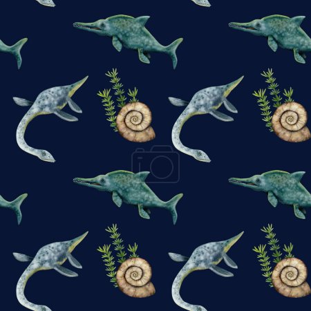 Photo for Watercolor seamless pattern with ichthyosaurs, underwater dinosaurs, plesiosaurs, ammonites on dark blue background. - Royalty Free Image
