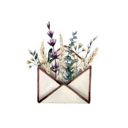 Foto de Acuarela ilustración dibujada a mano, composición con sobre vintage abierto con flores secas y hierbas de diferentes colores, eucalipto, lavanda, trigo, hojas verdes, herbario - Imagen libre de derechos