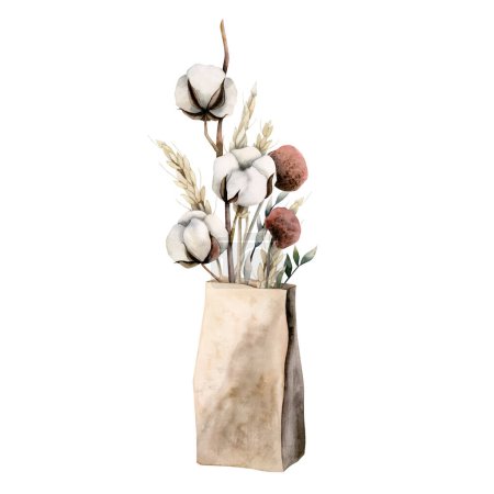Foto de Acuarela boho chic ramo de flores secas y algodón en bolsa artesanal. Tonos cálidos de otoño. marrón, crema, gris, beige, colores otoñales - Imagen libre de derechos