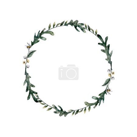 Photo for Hand drawn watercolor round wreath with green herbs, field flowers and grass for logo, wedding invitations and cards designs - Royalty Free Image